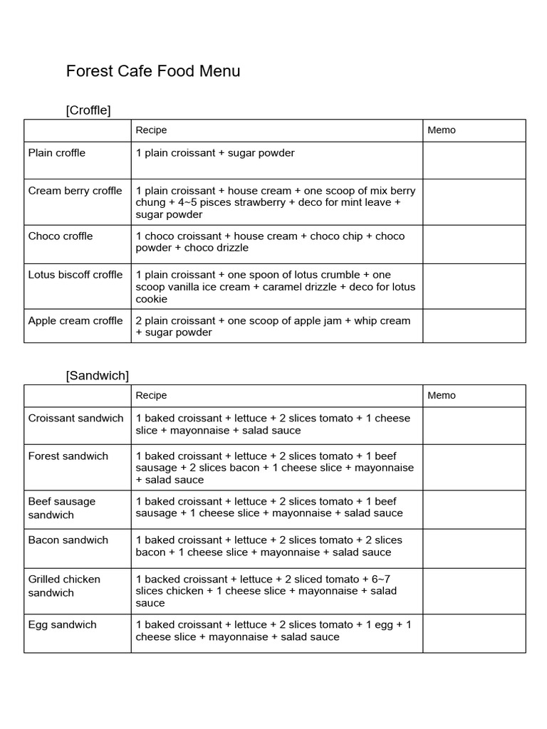 Forest Cafe Croffle & Sandwich Menu | PDF