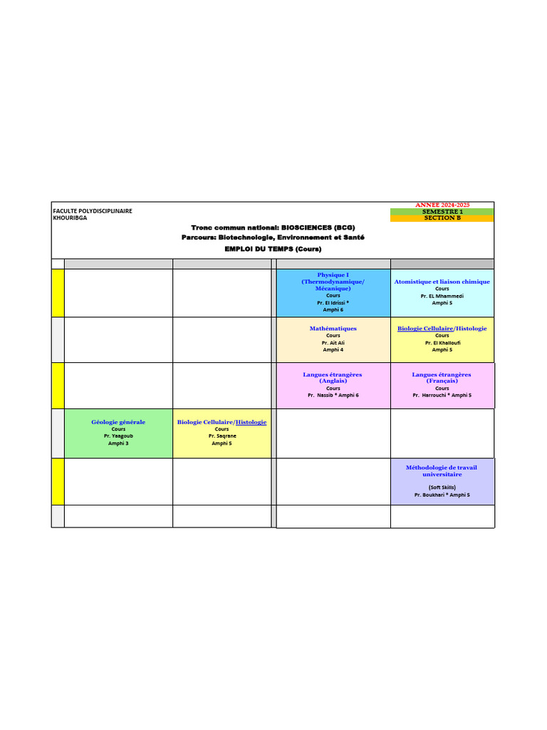 Emploi du temps 2024-2025 BCG Khouribga | PDF | Sciences physiques ...
