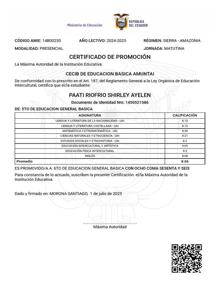 Certificado de Promoción Escolar 2024-2025 | PDF
