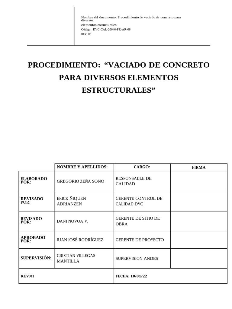 Procedimiento de Vaciado de Concreto Estructural | PDF | Hormigón ...