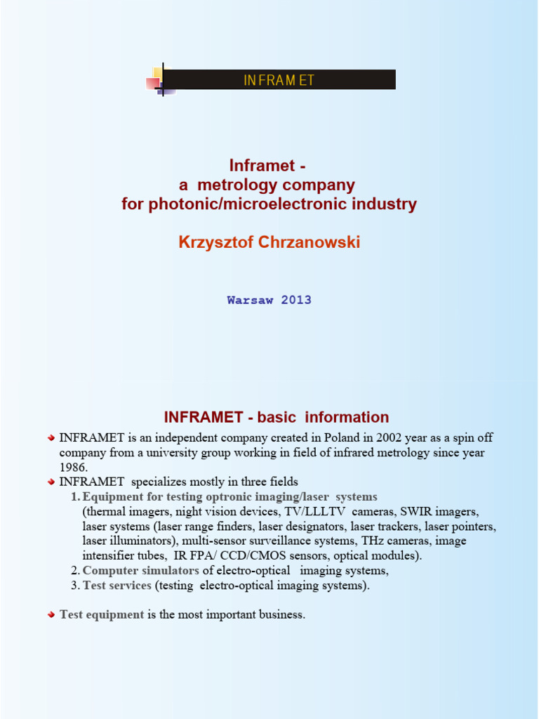 Inframet: Optronic Metrology Solutions | PDF | Infrared | Thermography