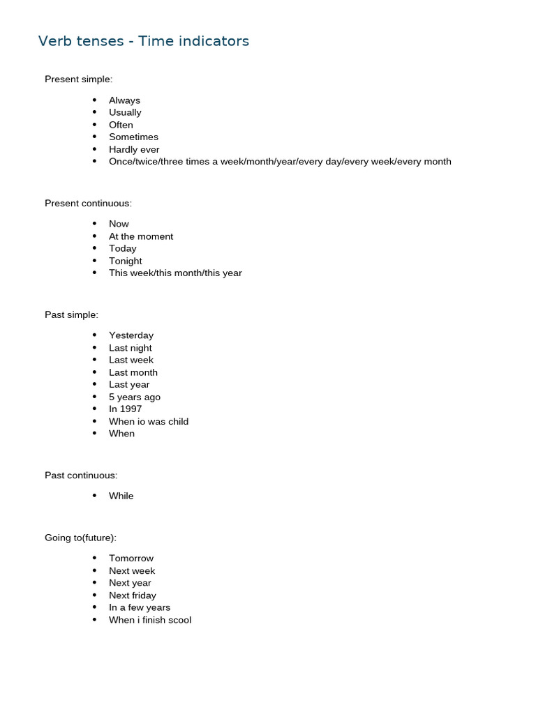Verb Tenses and Time Indicators Guide | PDF