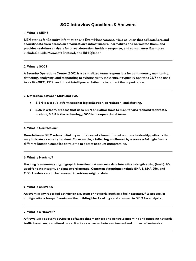 Essential SOC Interview Q&A Guide | PDF | Transmission Control Protocol ...
