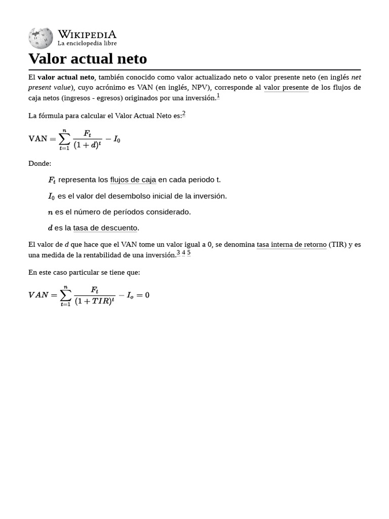 Valor Actual Neto: Definición y Cálculo | PDF | Valor presente neto ...