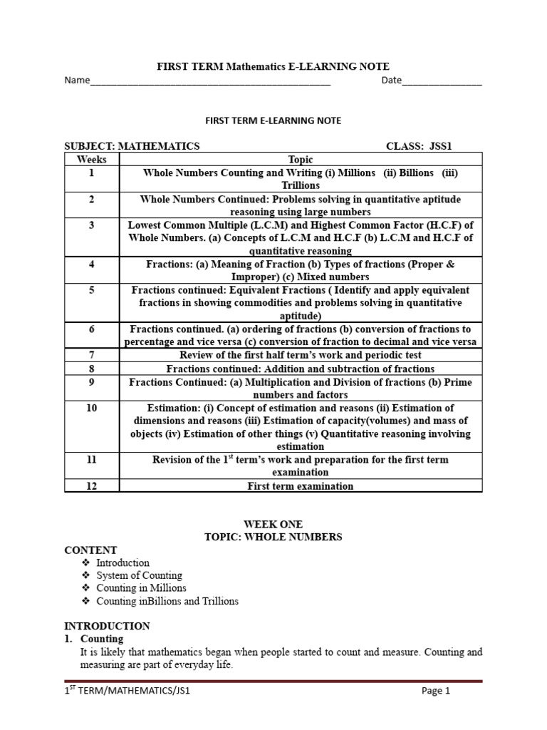 JSS1 Mathematics E-Learning Notes | PDF | Arithmetic | Division ...