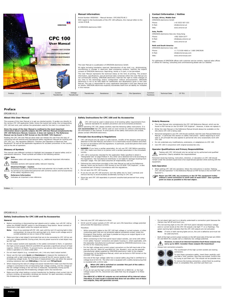 CPC 100 User Manual for Substation Testing | PDF | Electrical Connector ...