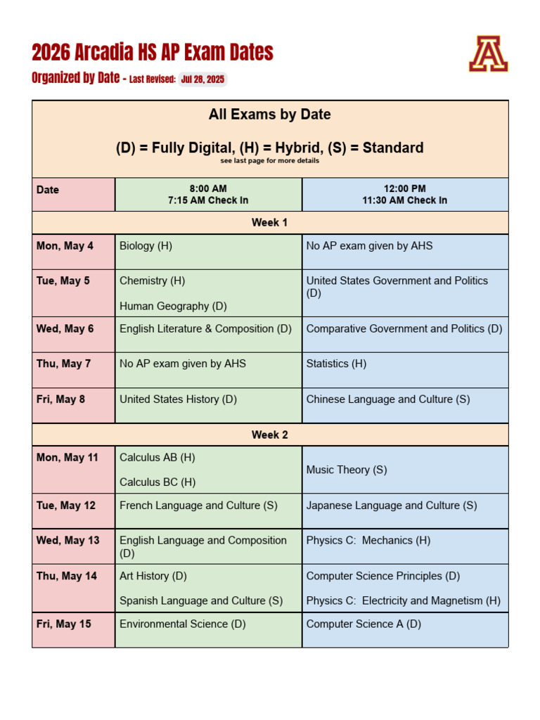 2026 Arcadia HS AP Exam Schedule | PDF | Advanced Placement ...