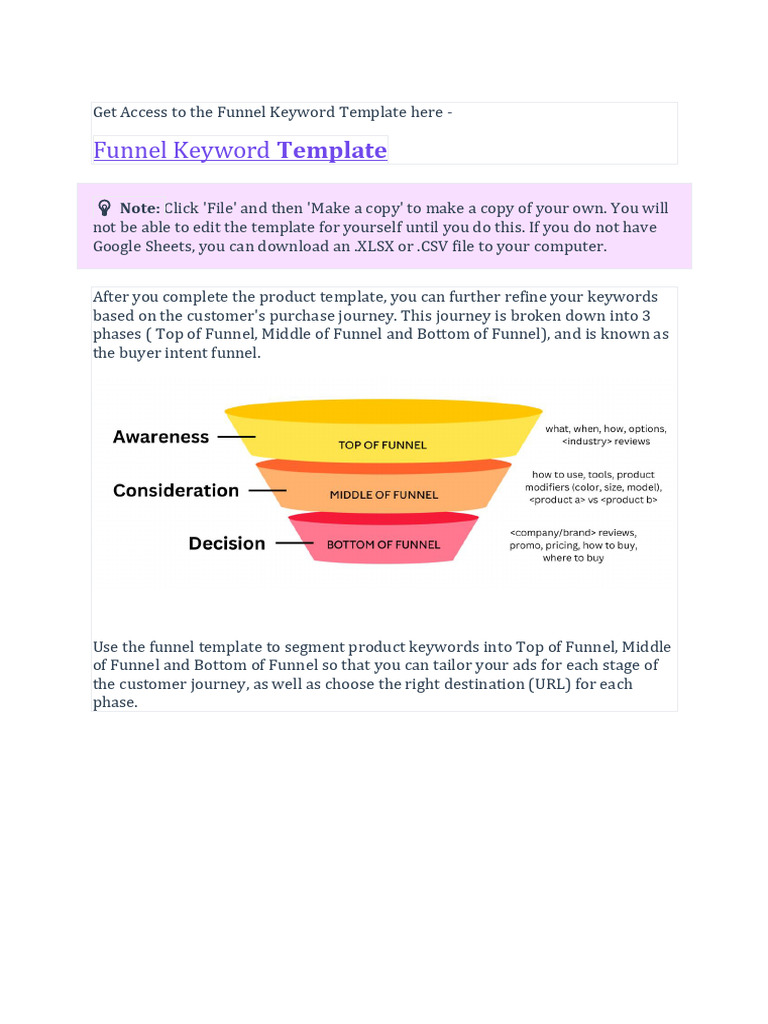 Funnel Keyword Template for SEO Strategy | PDF