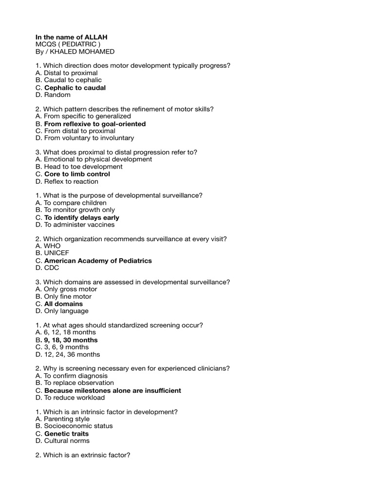 Pediatric Development MCQs Guide | PDF | Physical Therapy | Anatomical ...