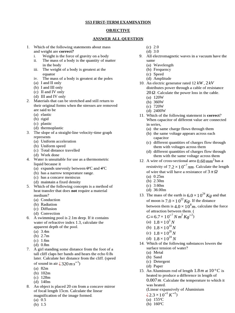 SS3 Physics First-Term Exam Questions | PDF | Capacitor | Series And ...
