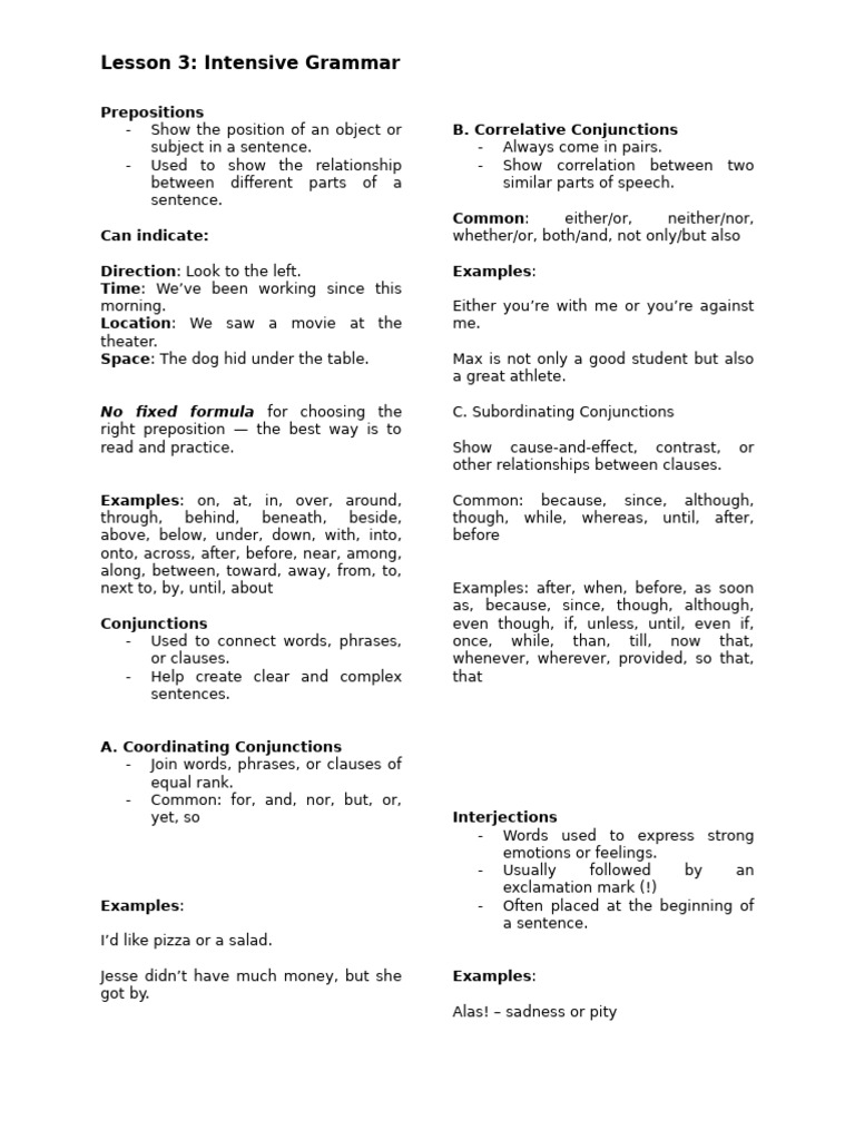 Intensive Grammar: Prepositions & Conjunctions | PDF | Semantic Units ...