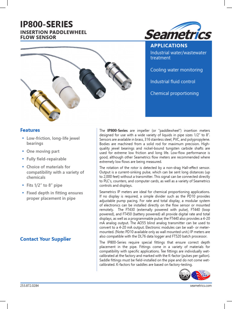 IP800-Series Paddlewheel Flow Sensor | PDF | Flow Measurement | Pipe ...