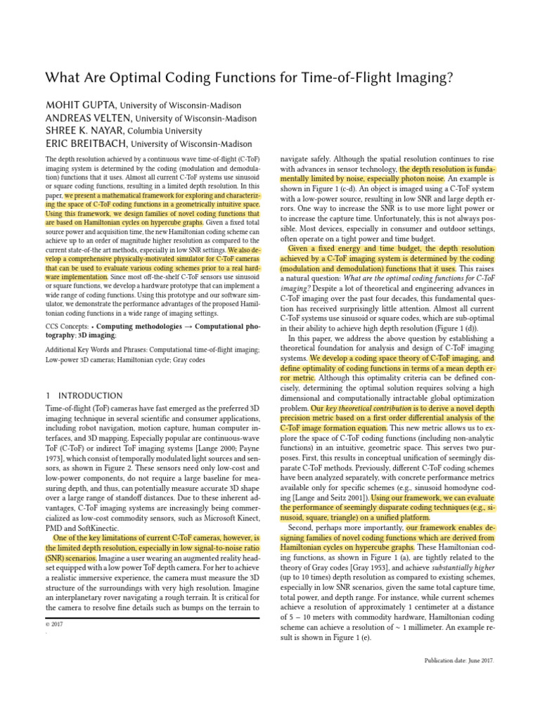 Optimal Coding Functions for C-ToF Imaging | PDF
