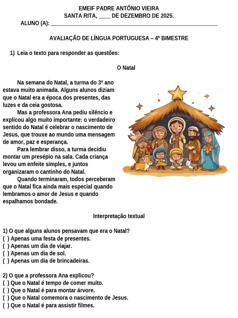 Avaliações de Língua Portuguesa e Matemática | PDF | Natal | Vincent ...