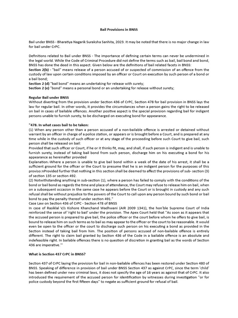 Bail Provisions in BNSS Explained | PDF | Bail | Arrest