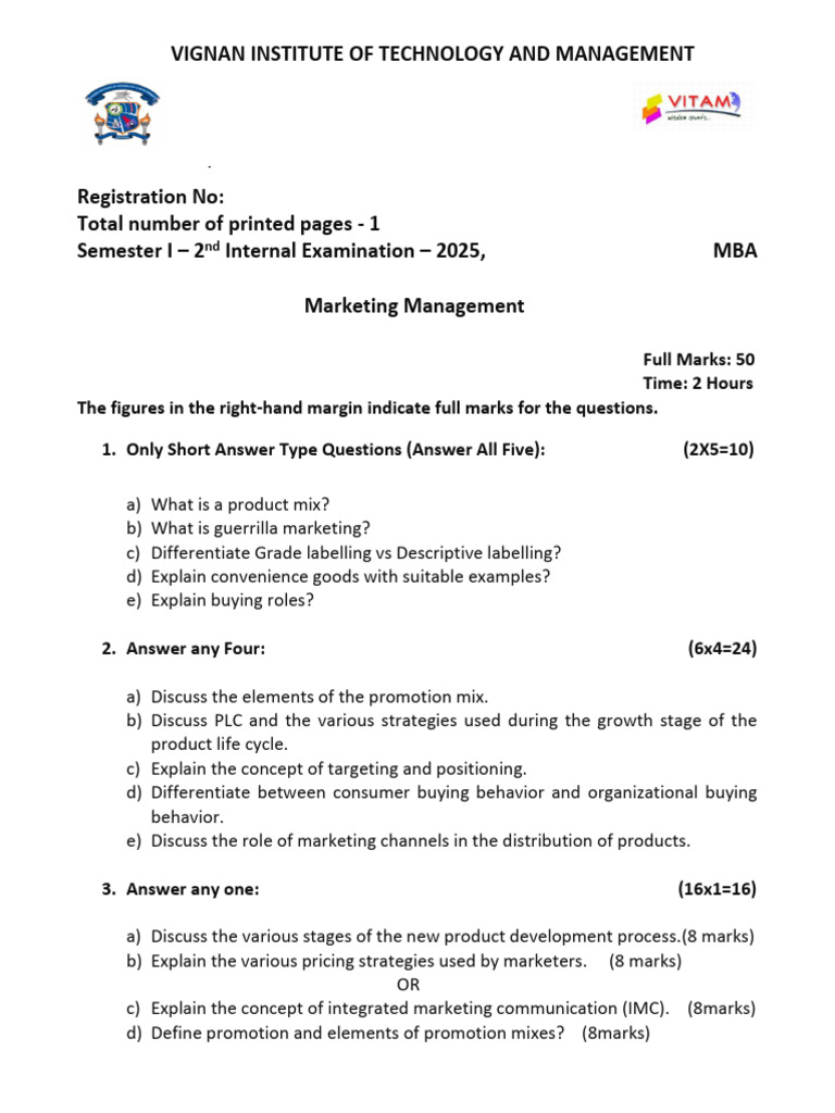 MBA Marketing Management Exam Questions | PDF