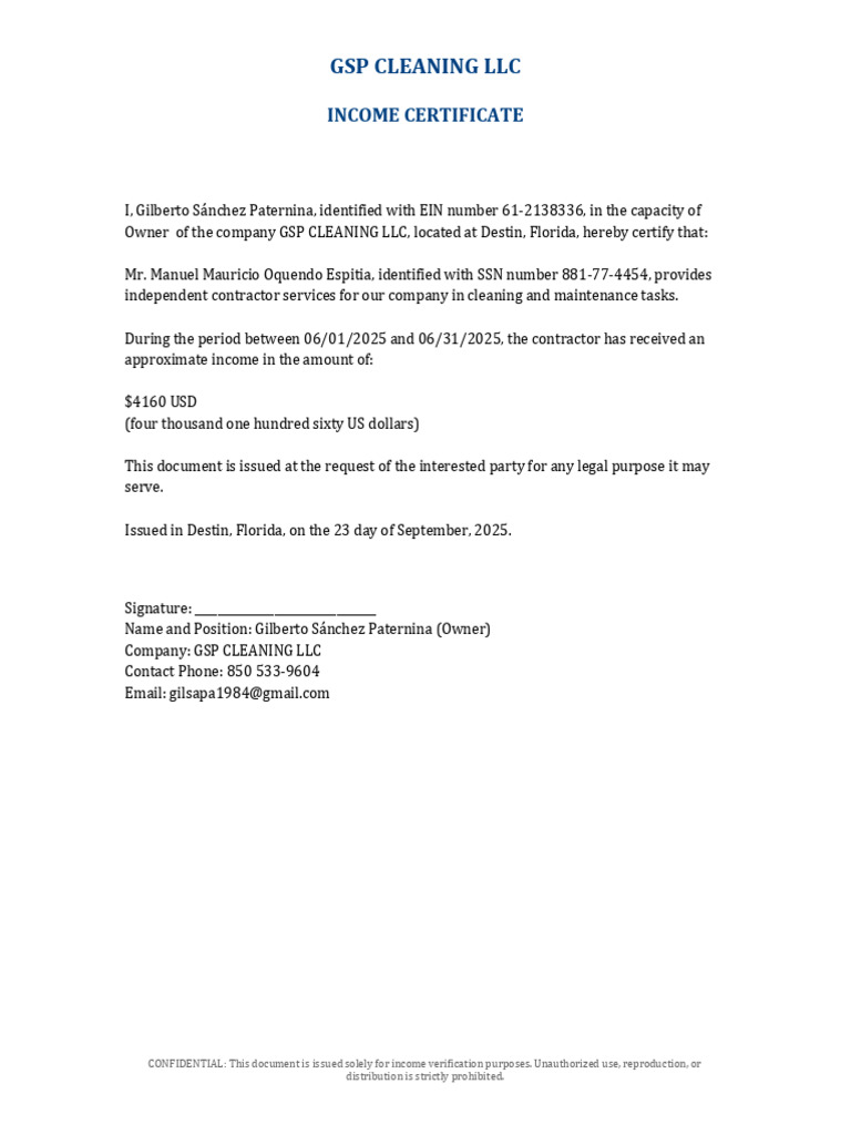 Income Certificate Independent Contractor GSP | PDF