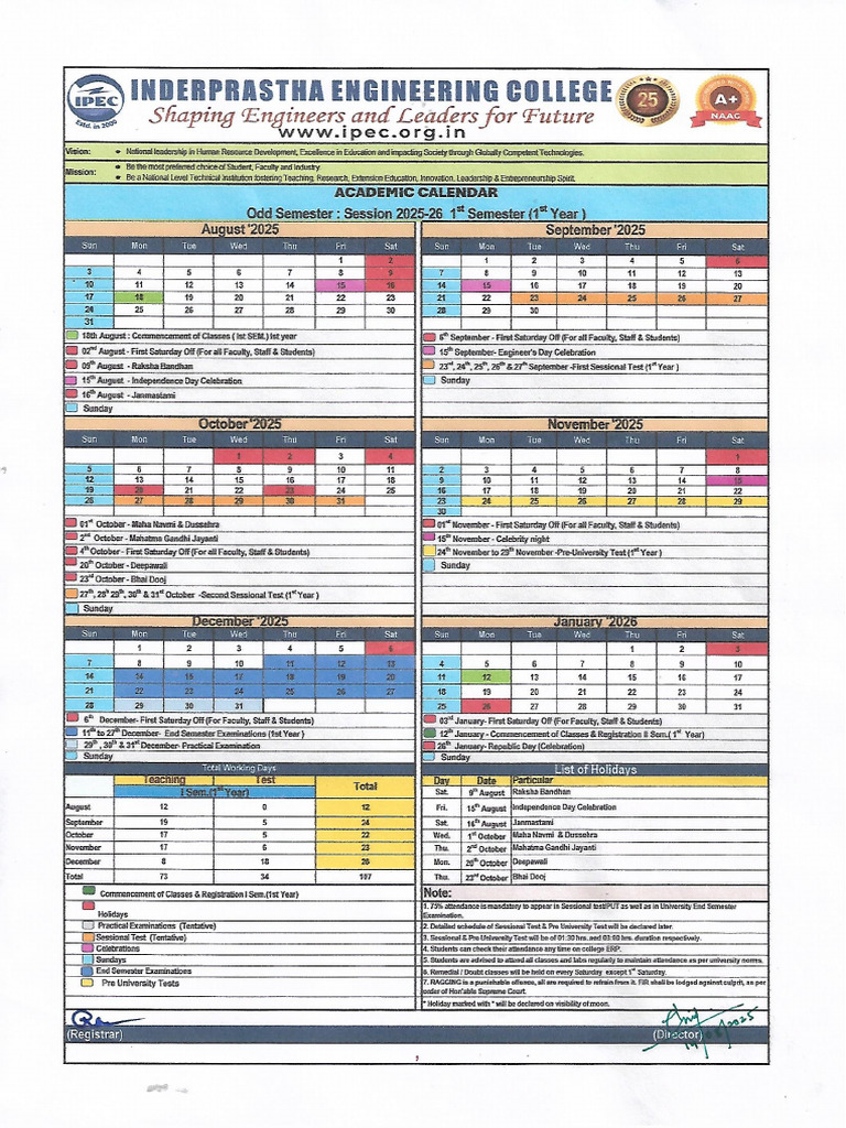 Academic Calendar Odd SemesterSession 2025-26-1st Semester 1st Year | PDF