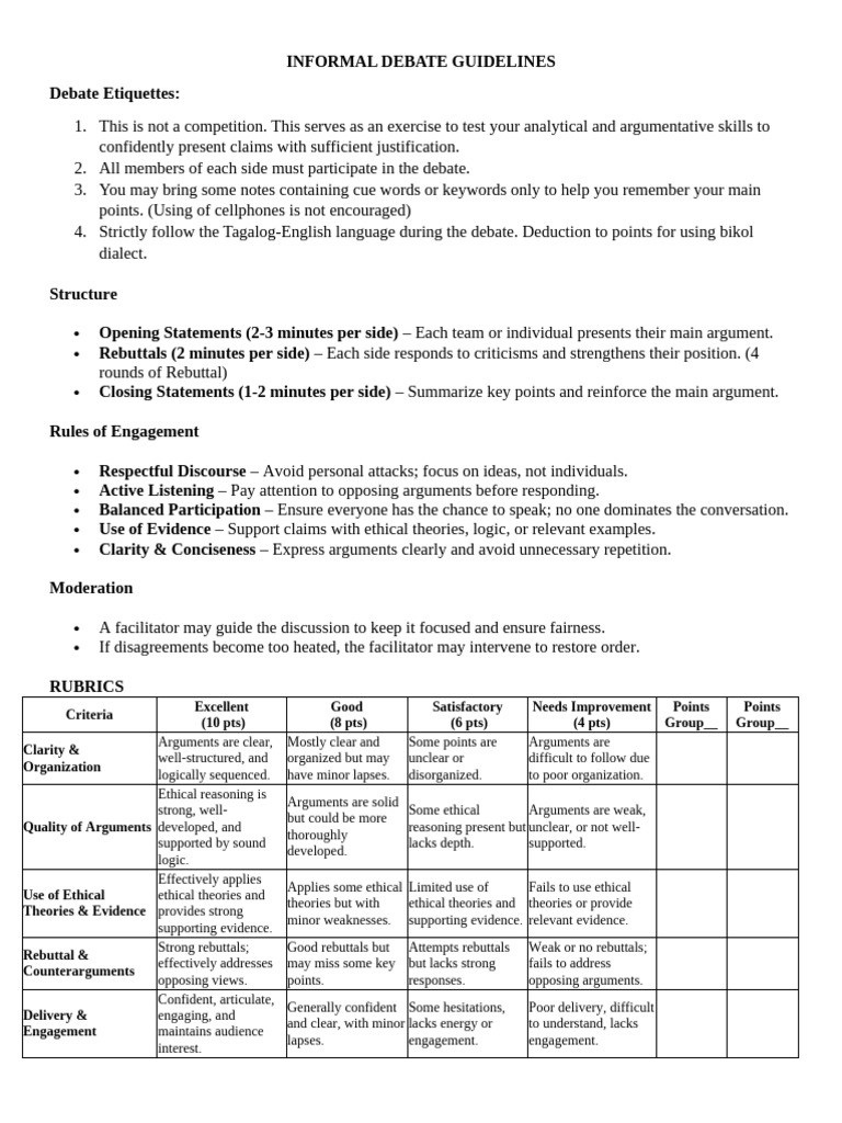Informal Debate Guidelines and Rubrics | PDF | Argument | Logic