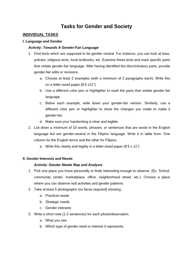 Tasks For Gender and Society | PDF | Grammatical Gender | Human ...