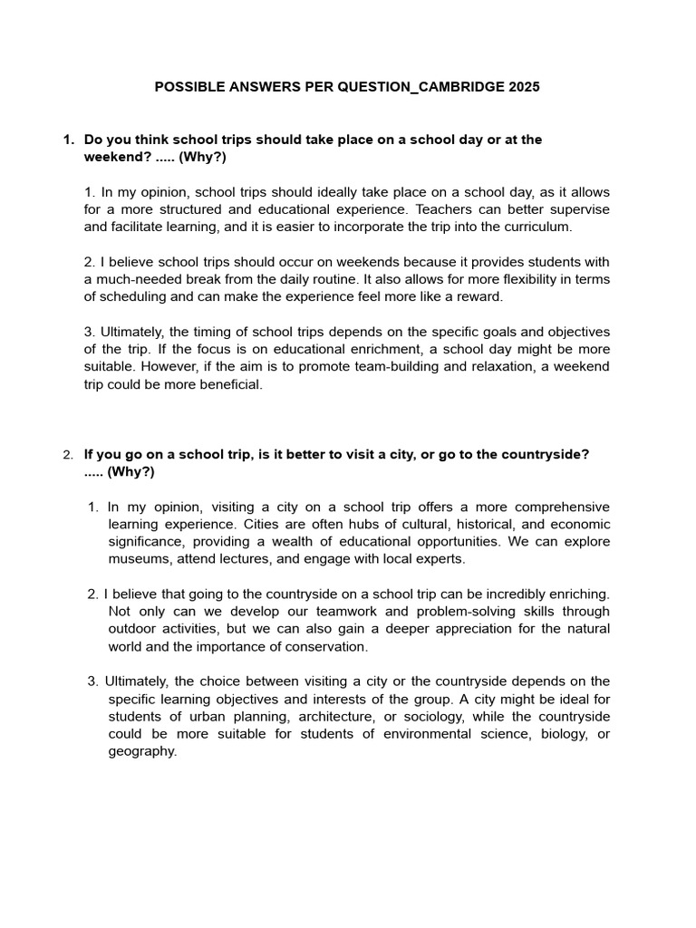 Possible Answers Per Question_cambridge 2025 | PDF | Well Being | Learning
