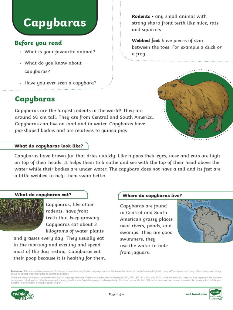Capybaras: Facts and Habitat Guide | PDF | English As A Second Or ...