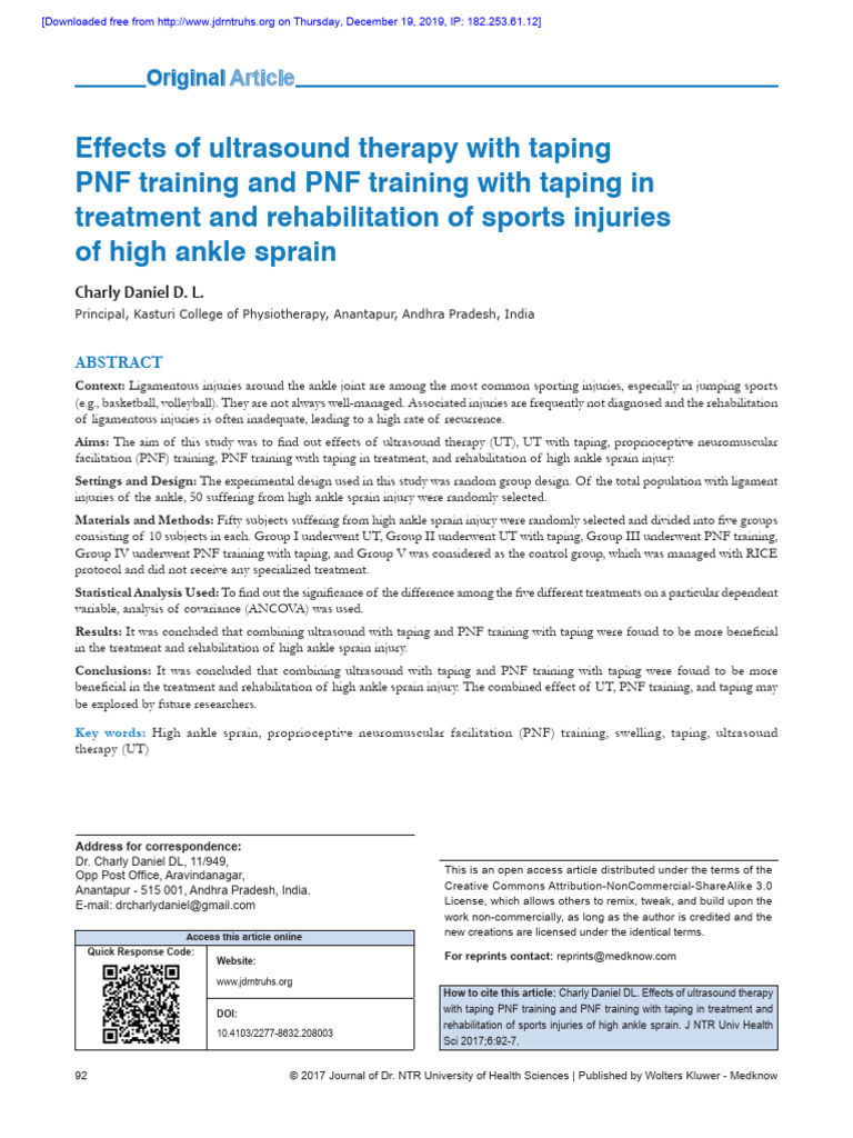 Ultrasound and PNF Training for High Ankle Sprains | PDF | Physical ...