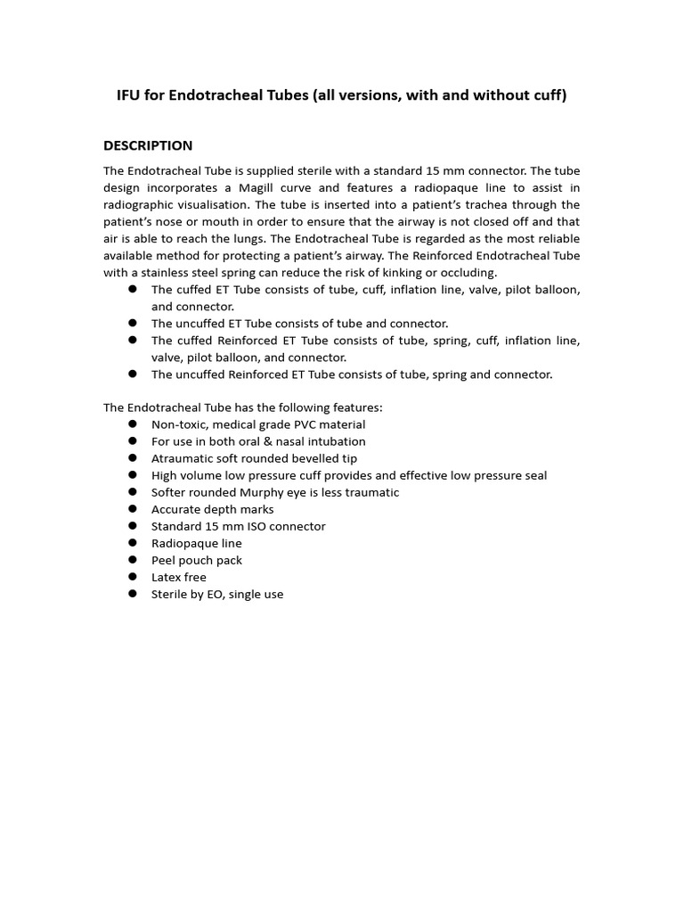 Endotracheal Tube Instructions for Use | PDF | Intensive Care Medicine ...