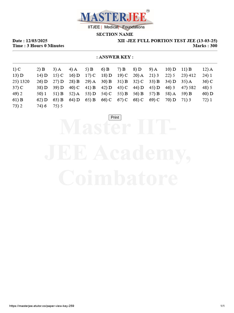 Xii - Jee Full Portion Test Jee (13!03!25) Key | PDF