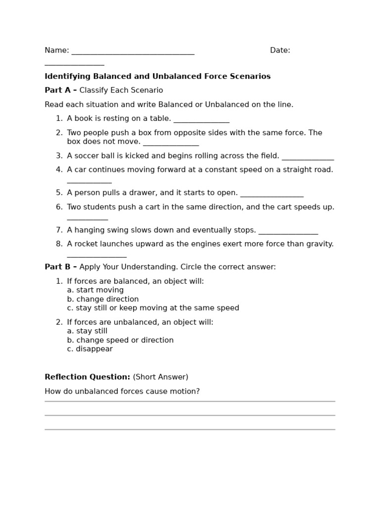 Balanced vs Unbalanced Forces Worksheet | PDF