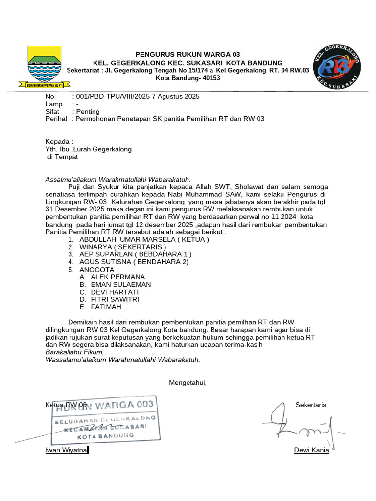 Permohonan SK Panitia Pemilihan RT RW 03 | PDF