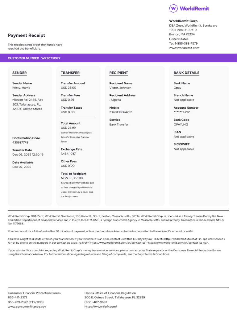 WorldRemit Payment Receipt Details | PDF | Wire Transfer | Service ...