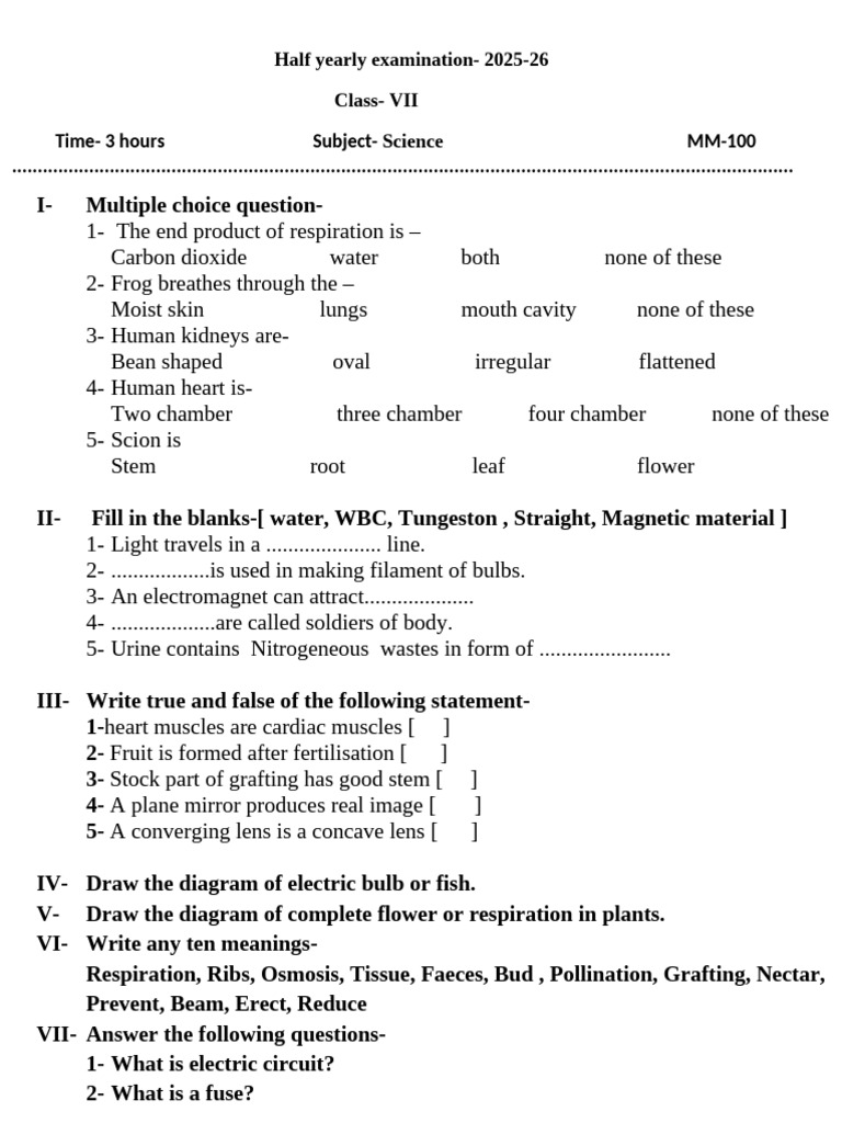 Class VII Science Half-Yearly Exam 2025-26 | PDF