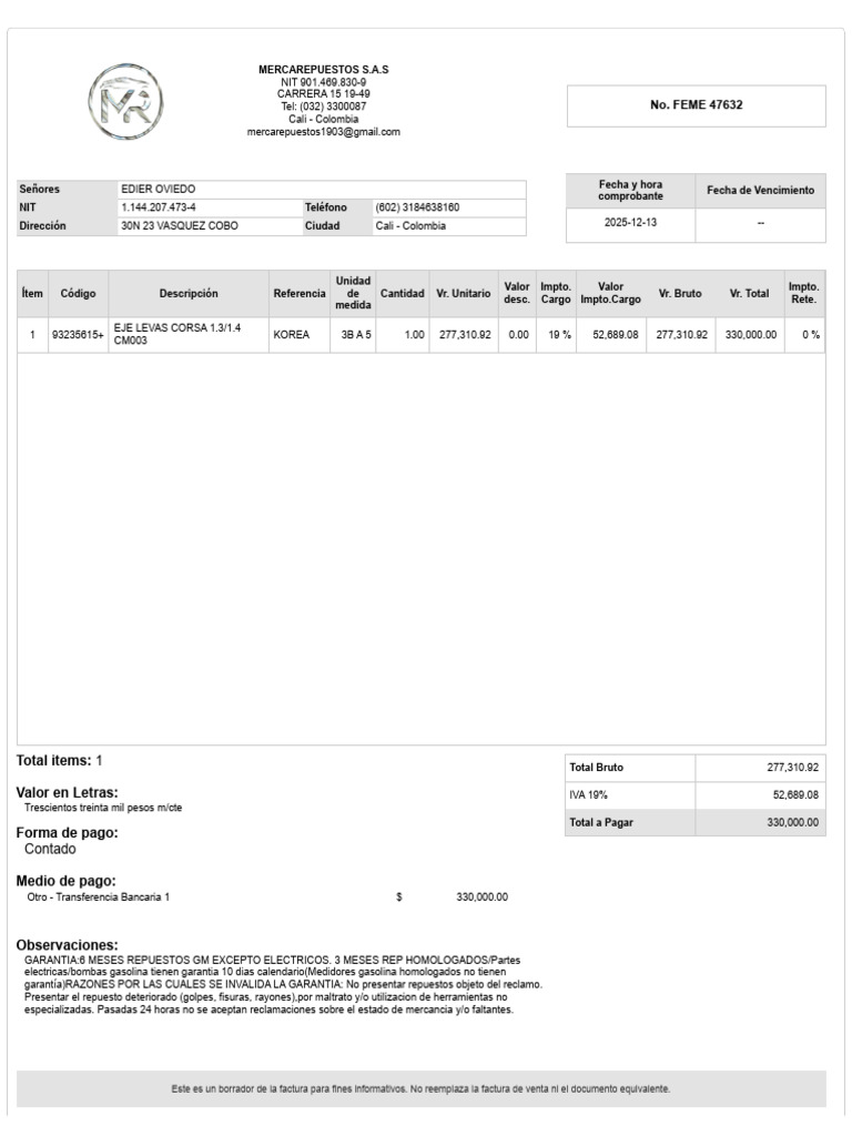 No. FEME 47632: Total Items: Valor en Letras: Forma de Pago | PDF