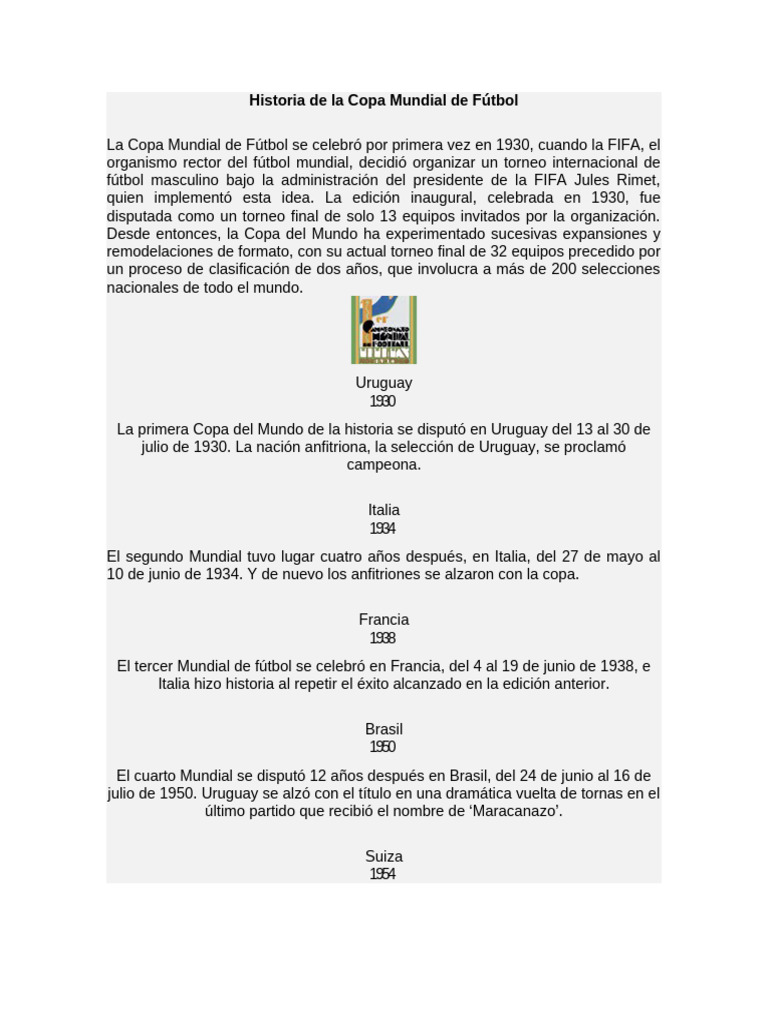 Historia de la Copa Mundial de Fútbol | PDF | FIFA Copa del Mundo ...
