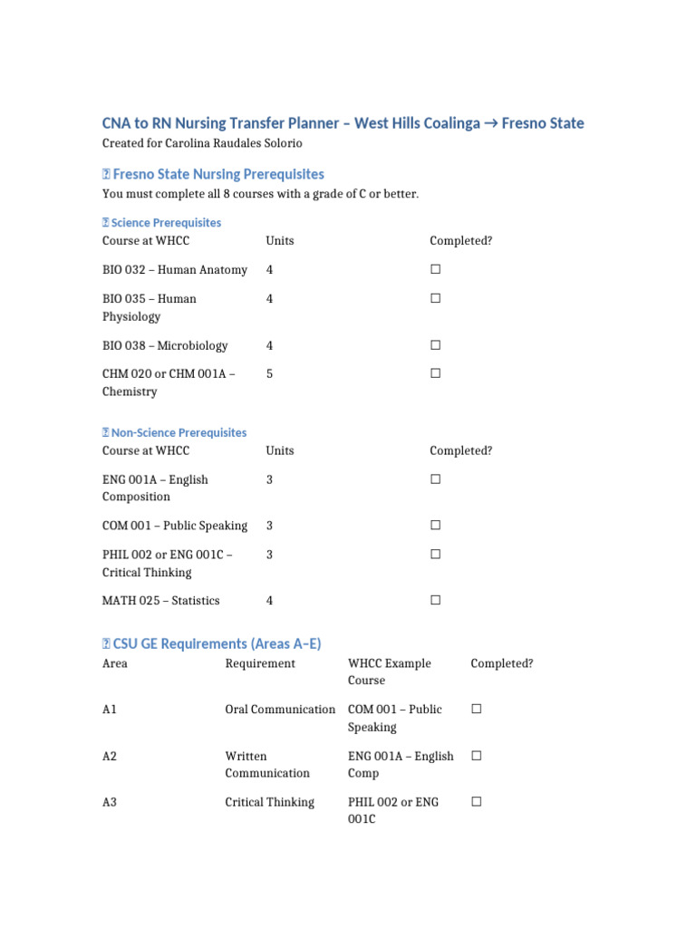 West Hills to Fresno State Nursing Checklist | PDF | Science