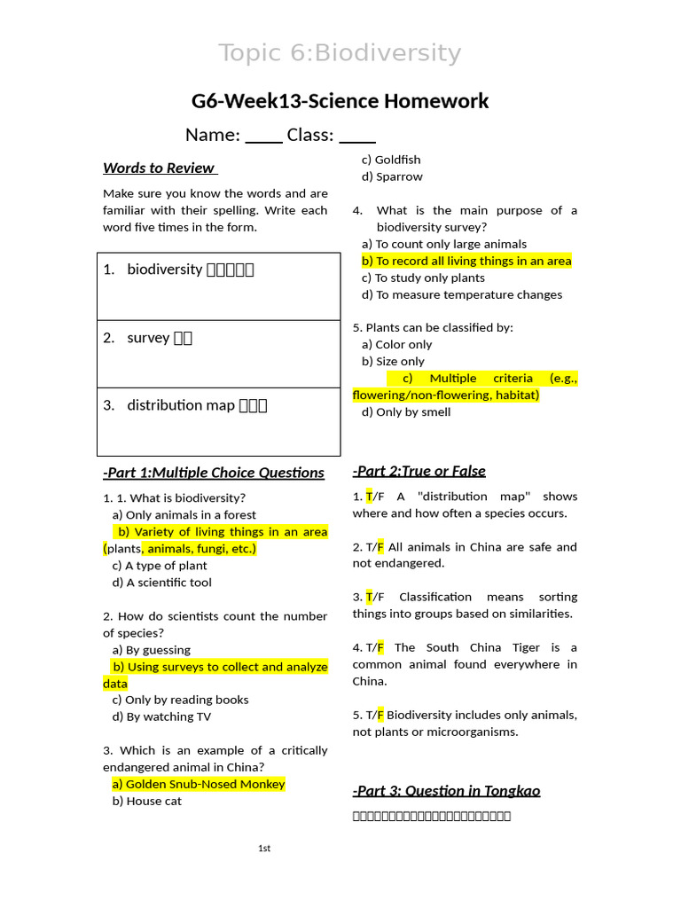 【Answer】G6 S2 Week 13 Science HW | PDF | Biodiversity | Nature