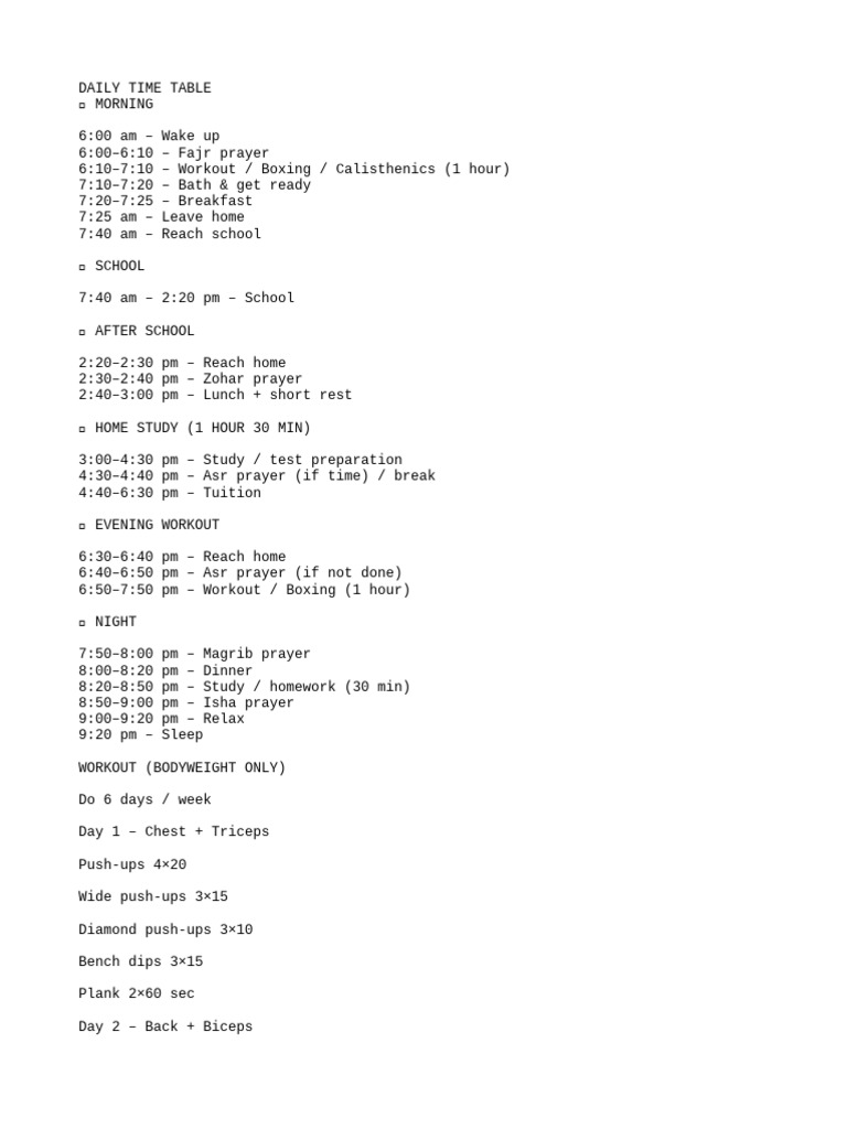 Daily Time Table for Students and Workouts | PDF