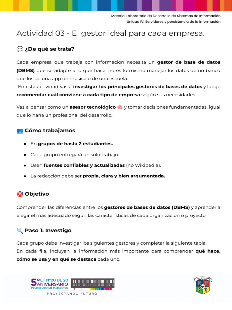 Actividad 03 - El Gestor Ideal para Cada Empresa | PDF | Bases de datos ...