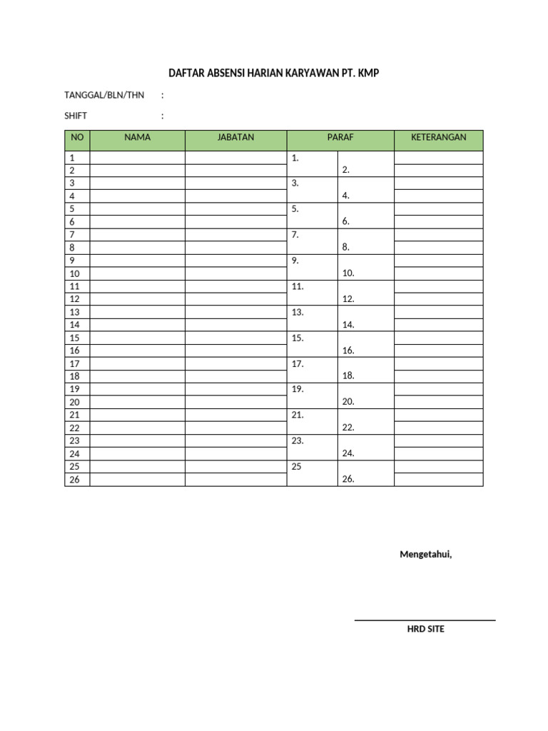 Daftar Absensi Harian Karyawan KMP | PDF