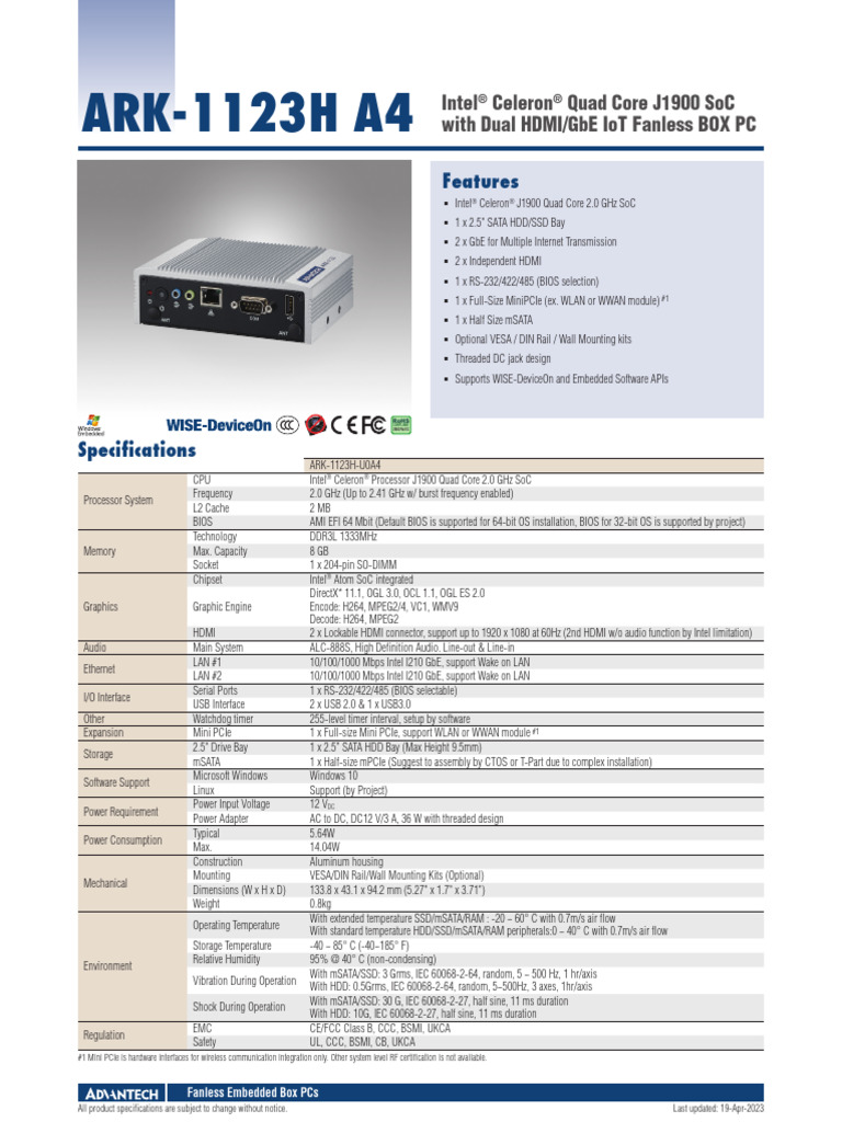 ARK-1123H A4: Features | PDF | Solid State Drive | Computer Hardware