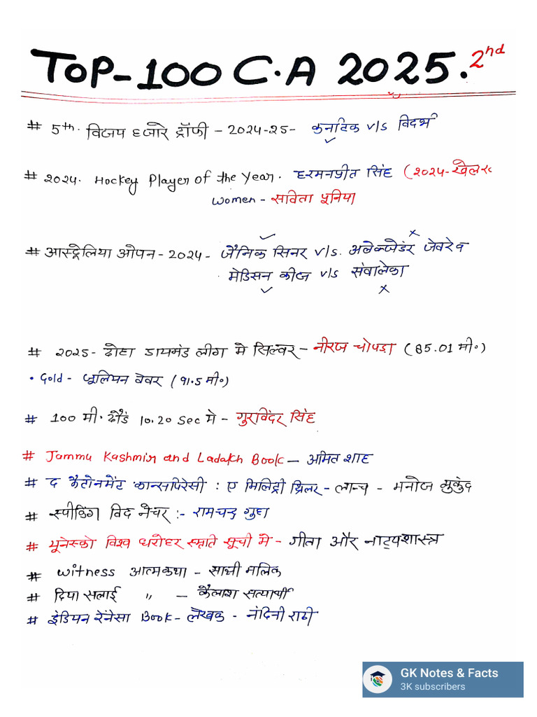 Top 100 Current Affairs Questions For Delhi Police 2nd 2025 Hand | PDF