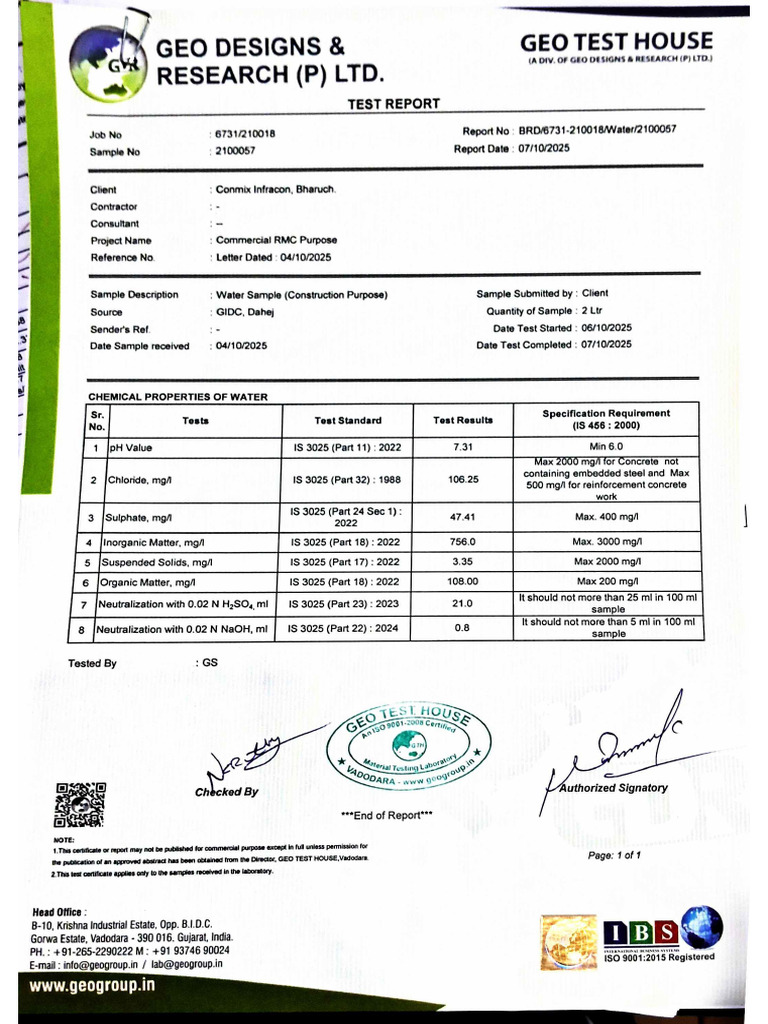 Conmix RMC Water Test Report | PDF