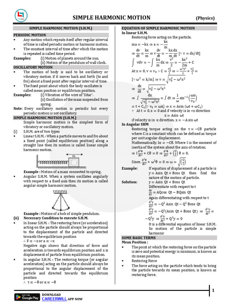 Understanding Simple Harmonic Motion | PDF | Oscillation | Acceleration