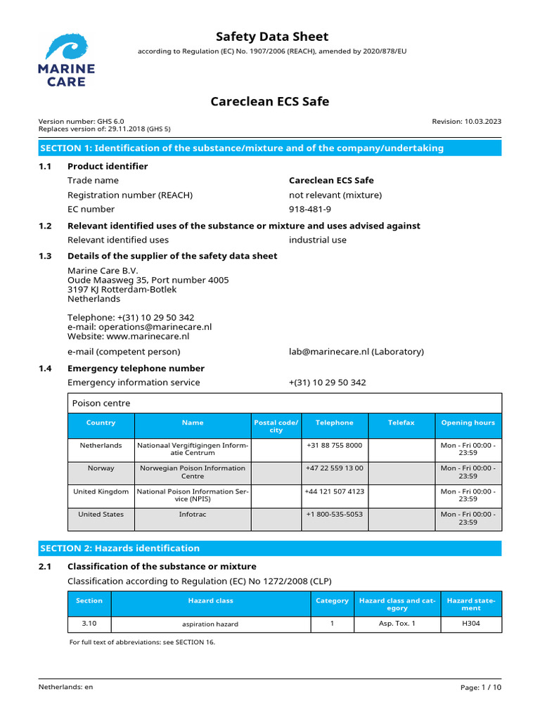 Careclean ECS Safe Safety Data Sheet | PDF | Science And Law ...