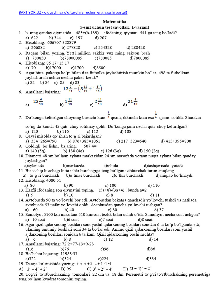 Matematika 5 Sinf Uzb | PDF