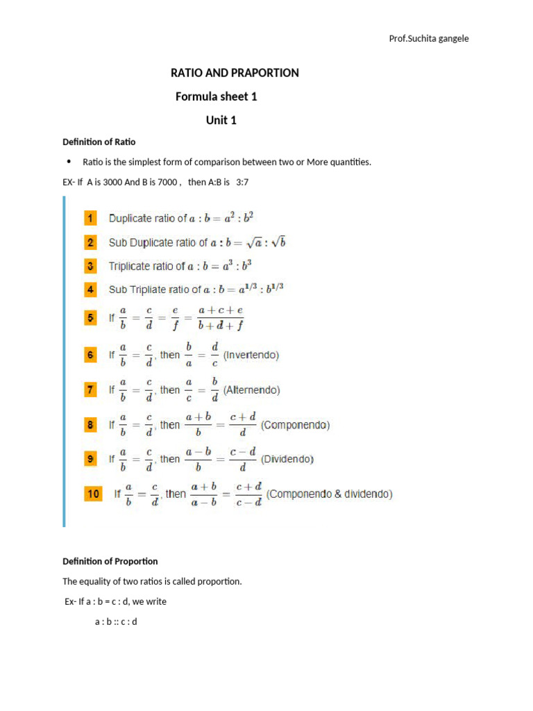 Ratio and Proportion Formula Sheet | PDF