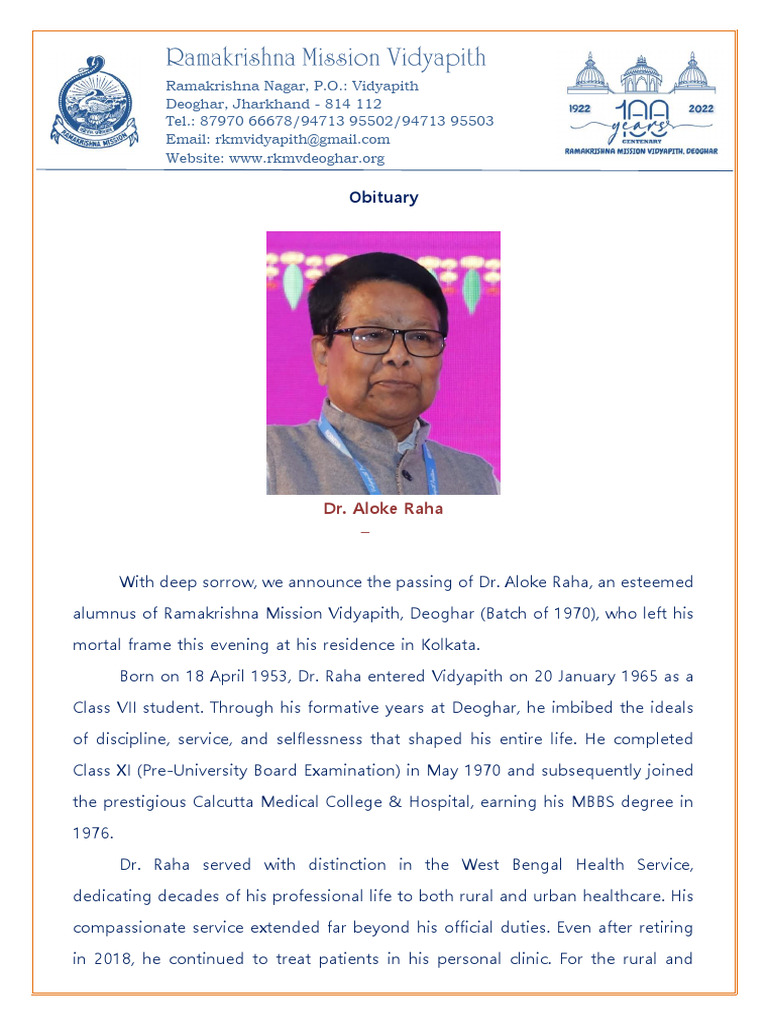 Obituary - Dr. Aloke Raha | PDF | Medicine | Public Services
