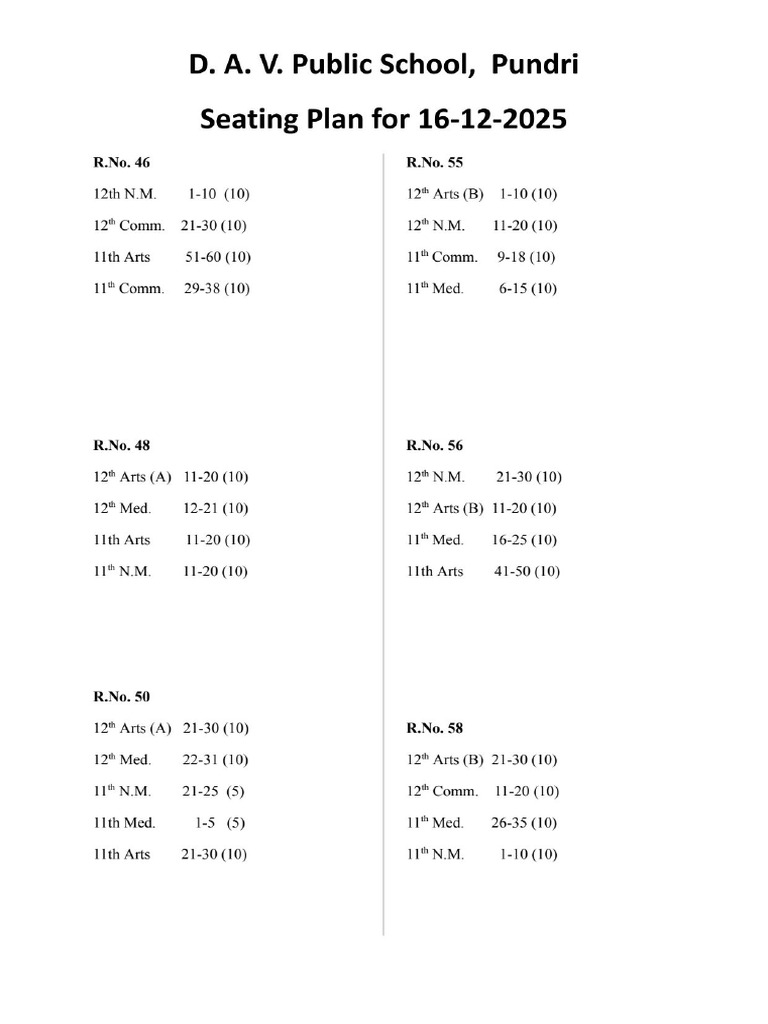 Seating Plan For 16-12-2025 | PDF
