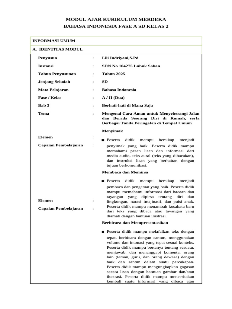 Modul Ajar Kurikulum Merdeka Bahasa Indonesia Fase A SD Kelas 2 | PDF